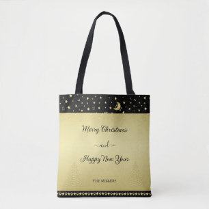 Gold shiny Christmas stars, paws on gold & black Tote Bag