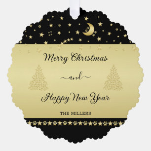 Gold shiny Christmas stars, paws on gold & black Tree Decoration Card