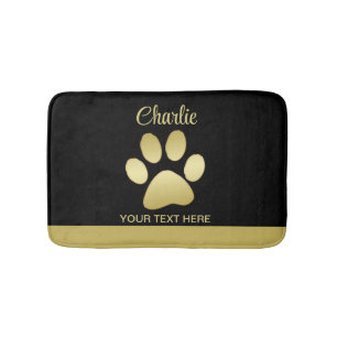 Gold Shiny Dog Paw on black background Bath Mat