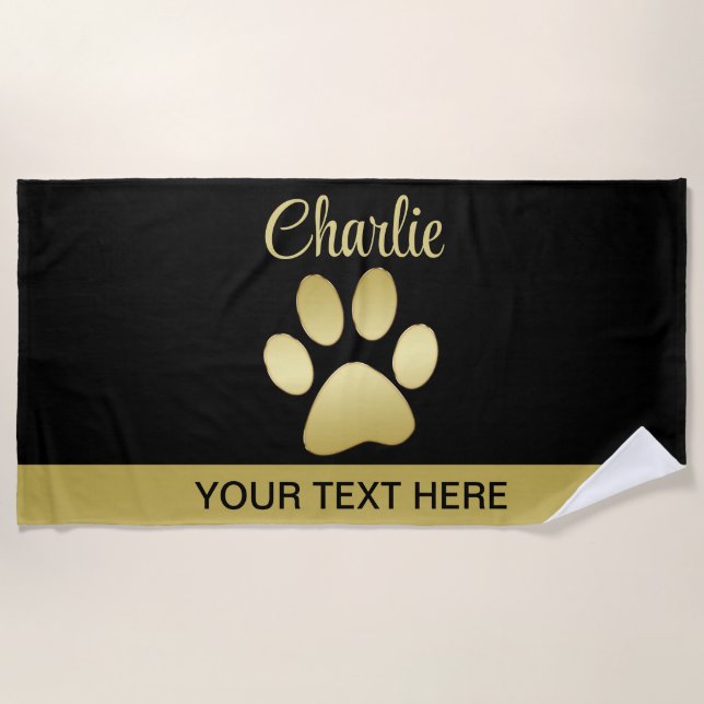  Gold Shiny Dog Paw on black background Beach Towel (Front)