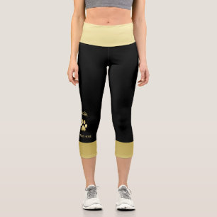 Gold Shiny Dog Paw on black background Capri Leggings