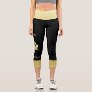 Gold Shiny Dog Paw on black background Capri Leggings