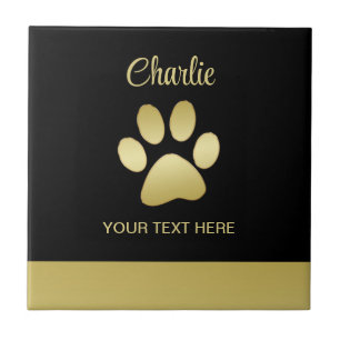 Gold Shiny Dog Paw on black background Ceramic Tile