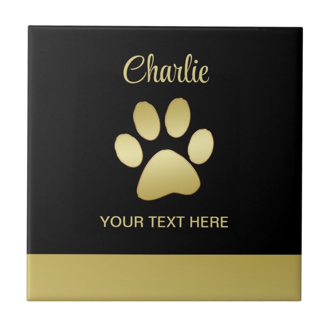  Gold Shiny Dog Paw on black background Ceramic Tile (Front)