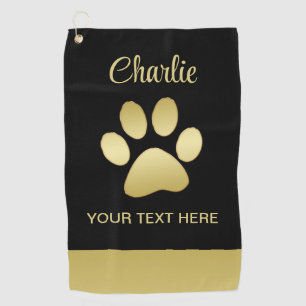 Gold Shiny Dog Paw on black background Golf Towel