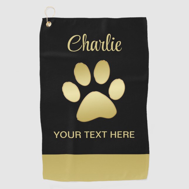  Gold Shiny Dog Paw on black background Golf Towel (Front)