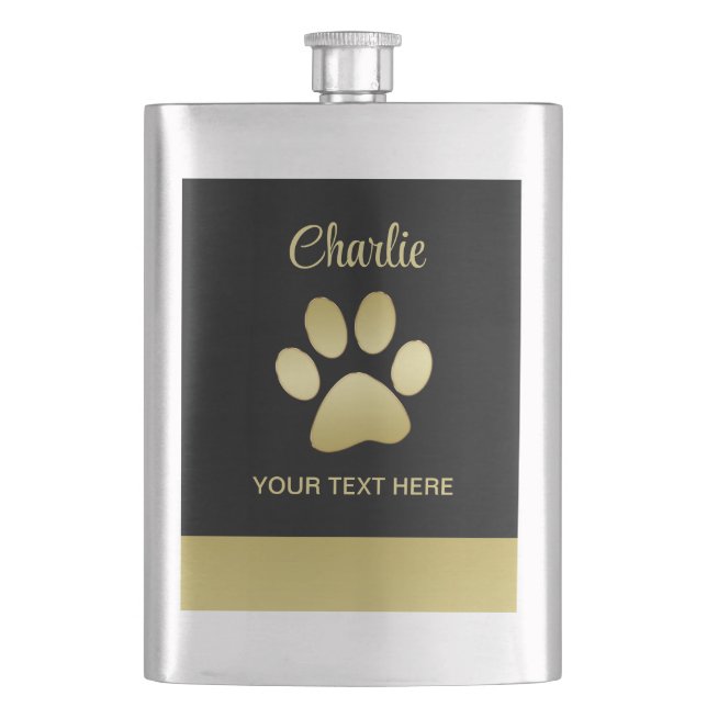  Gold Shiny Dog Paw on black background Hip Flask (Front)