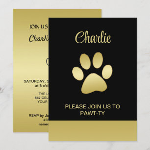  Gold Shiny Dog Paw on black background Invitation
