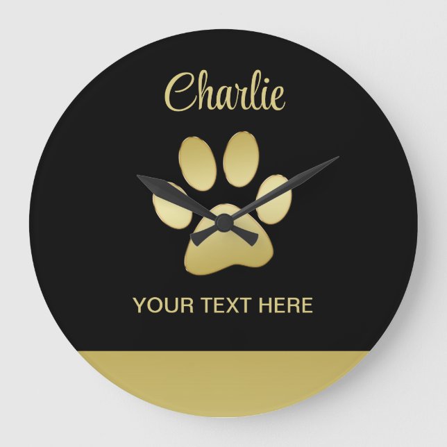  Gold Shiny Dog Paw on black background Large Clock (Front)
