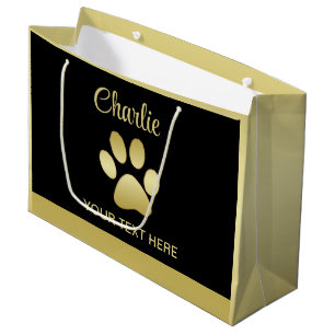  Gold Shiny Dog Paw on black background Large Gift Bag