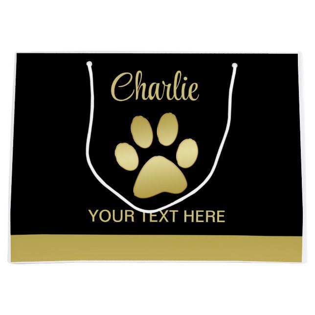  Gold Shiny Dog Paw on black background Large Gift Bag (Front)