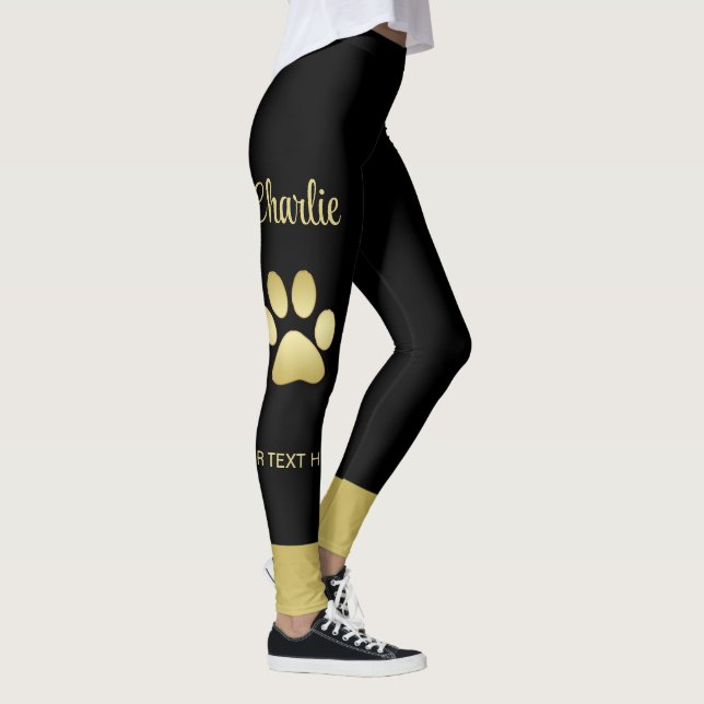  Gold Shiny Dog Paw on black background Leggings (Right)