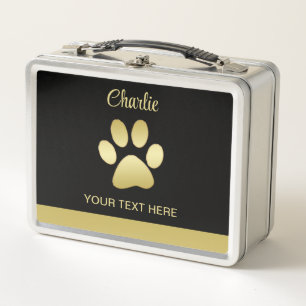  Gold Shiny Dog Paw on black background Metal Lunch Box