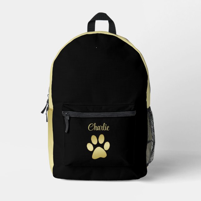  Gold Shiny Dog Paw on black background Printed Backpack (Front)