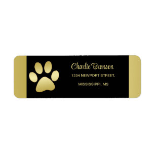  Gold Shiny Dog Paw on black background Return Address Label
