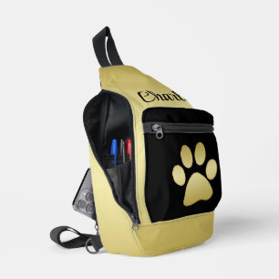 Gold Shiny Dog Paw on black background Sling Bag