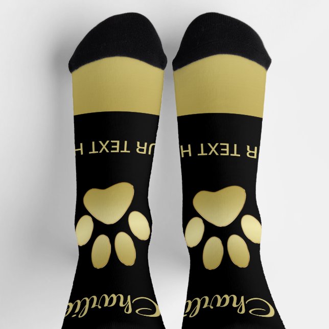 Gold Shiny Dog Paw on black background Socks (Top)