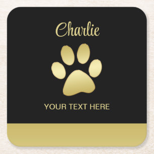 Gold Shiny Dog Paw on black background Square Paper Coaster