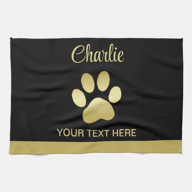  Gold Shiny Dog Paw on black background Tea Towel (Horizontal)
