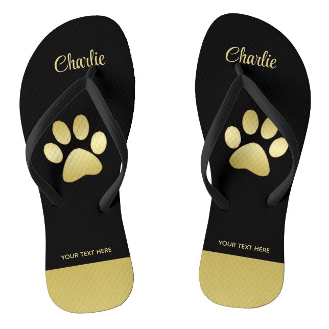  Gold Shiny Dog Paw on black background Thongs (Footbed)