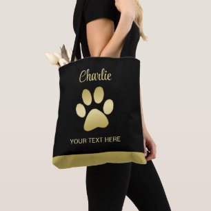 Gold Shiny Dog Paw on black background Tote Bag