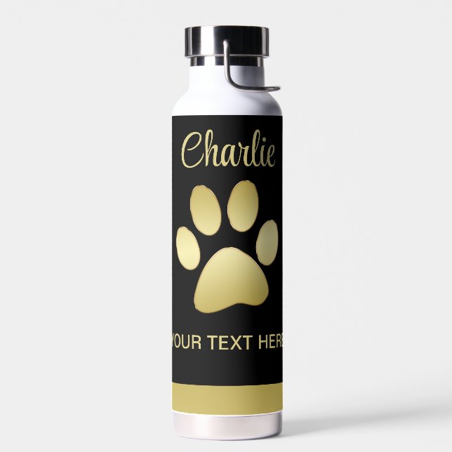  Gold Shiny Dog Paw on black background Water Bottle (Left)