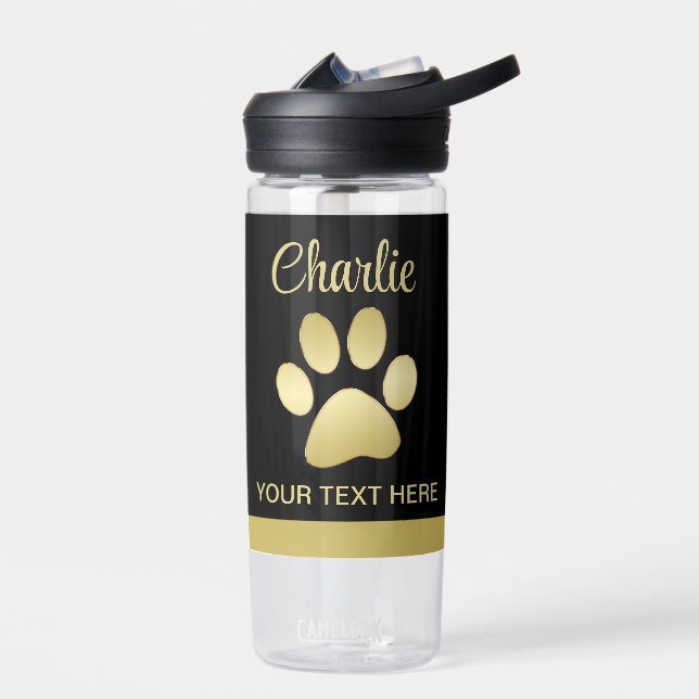  Gold Shiny Dog Paw on black background Water Bottle (Left)