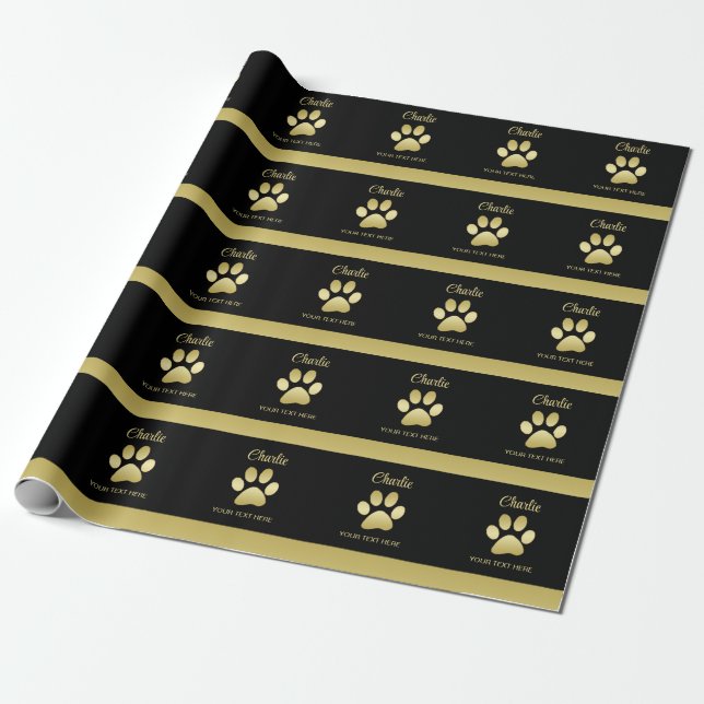  Gold Shiny Dog Paw on black background Wrapping Paper (Unrolled)