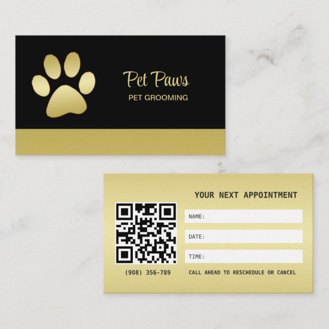  Gold Shiny Dog Paw on black Pet Grooming Service  Appointment Card (Front/Back)