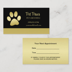 Gold Shiny Dog Paw on black Pet Grooming Service Appointment Card