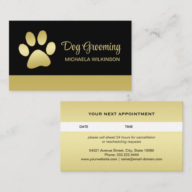 Gold Shiny Dog Paw on black Pet Grooming Service Appointment Card (Front/Back)