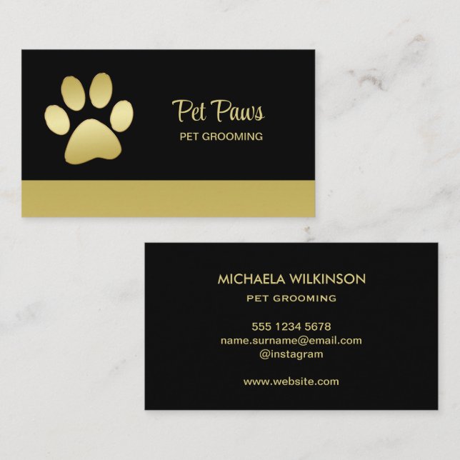  Gold Shiny Dog Paw on black Pet Grooming Service  Business Card (Front/Back)