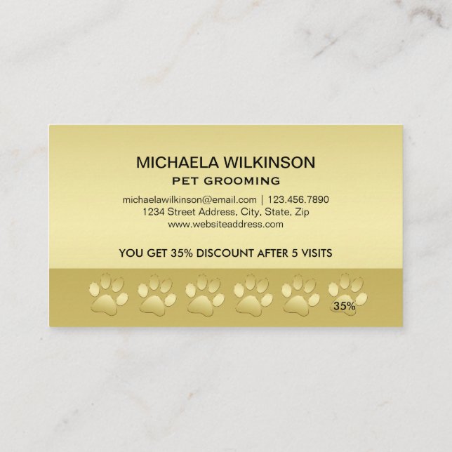  Gold Shiny Dog Paw on black Pet Grooming Service  Loyalty Card (Back)