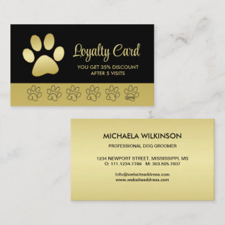 Gold Shiny Dog Paw on black Pet Grooming Service Loyalty Card