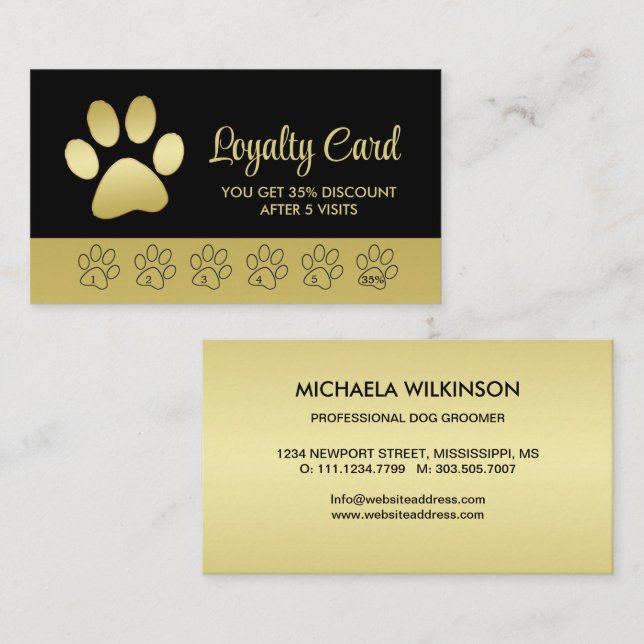 Gold Shiny Dog Paw on black Pet Grooming Service Loyalty Card (Front/Back)
