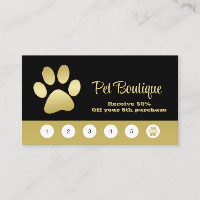 Gold Shiny Dog Paw on black Pet Grooming Service Loyalty Card (Front)