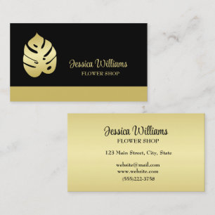 Gold Shiny Flower Monstera Leaves on black Business Card