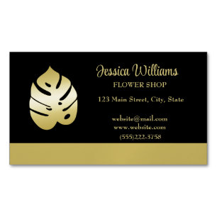 Gold Shiny Flower Monstera Leaves on black Magnetic Business Card