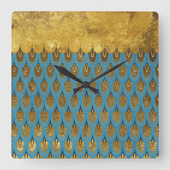 Gold Shiny Princess Mermaid Glitter Scales Square Wall Clock (Front)