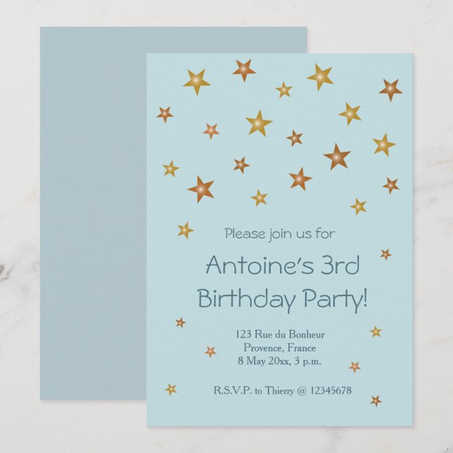 Gold Shiny Stars Light Blue Baby Kids Birthday Invitation (Front/Back)