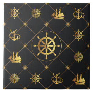 Gold Ship Wheel Ceramic Tile