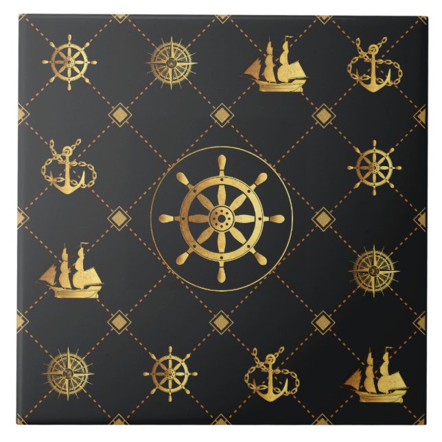 Gold Ship Wheel Ceramic Tile (Front)