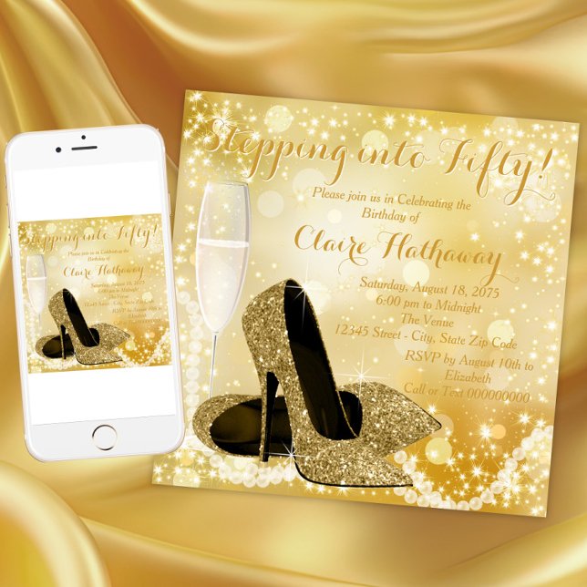 Gold Shoe Any Number Stepping Into Birthday Party Invitation (Elegant gold any occasion invitation. Instant download and printed invitations available.)