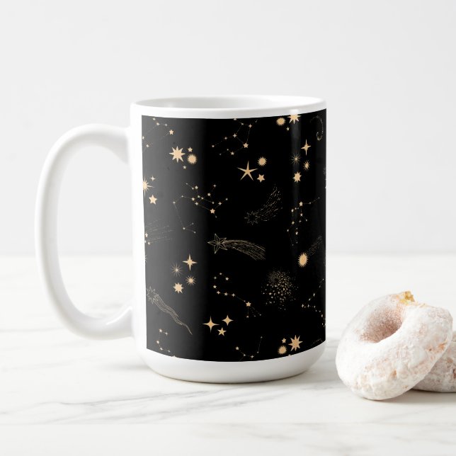Gold shooting stars comets planets sky night coffee mug (With Donut)
