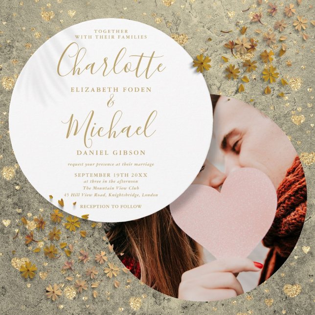Gold Signature Script Circular Photo Wedding Invitation (Gold Signature Script Circular Photo Wedding Invitation)