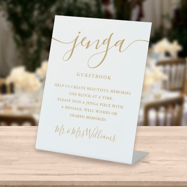 Gold Signature Script Jenga Wedding Guestbook Pedestal Sign (Creator Uploaded)
