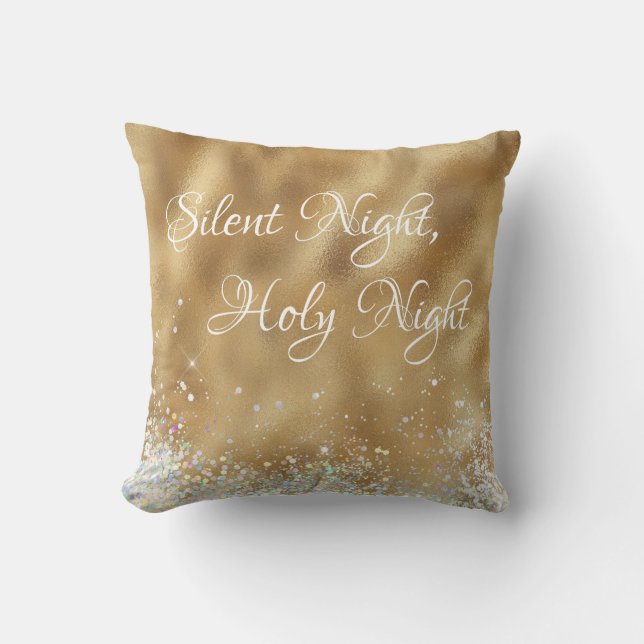 Gold Silent Night, Holy Night Christmas Cushion (Front)