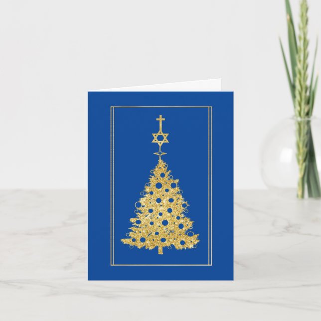 Gold Silhouette Christmas Tree Chrismukkah Card (Front)