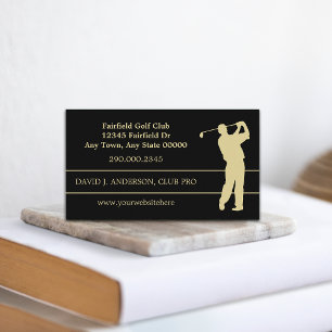 Gold Silhouette Golfer on Black Business Card