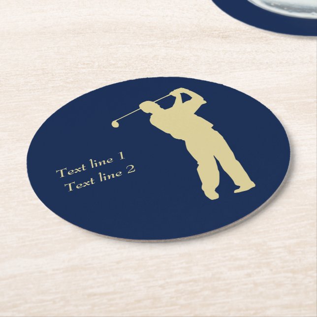 Gold Silhouette Golfer on Blue Round Paper Coaster (Angled)